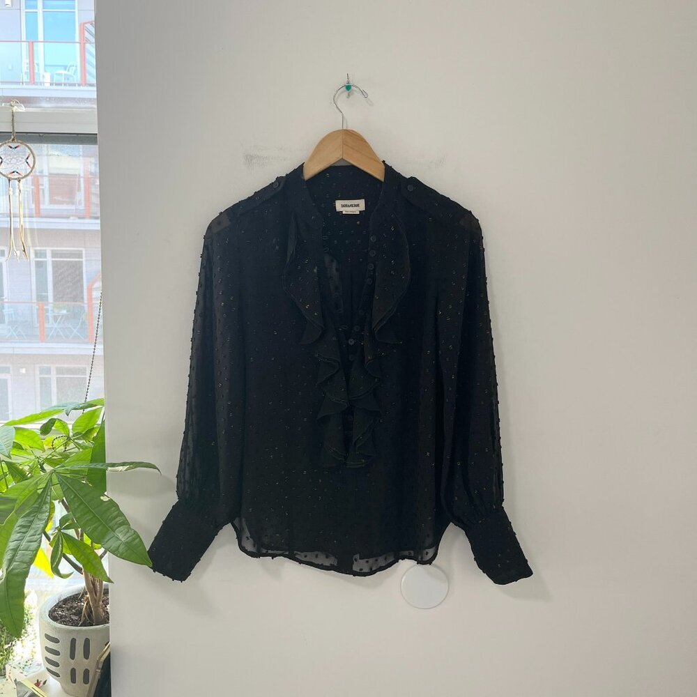 Zadig & Voltaire Black Twin Mousseline Sparkle Long Sleeve Blouse Size XS